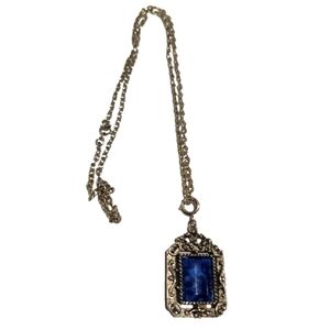 Charm Pendant Blue Marble Faux Stone Cross Rope Filigree Rectangular Silvertone